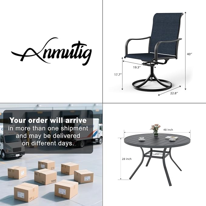 5 Piece Outdoor Patio 48" Round Dining Table, NavyBlue Swivel Chairs Style2 | 4 Piece Swivel Chairs: High Back, Curved Armrest, Textilene Fabric, Rocking; 48 inch Metal Round Table, All Weather