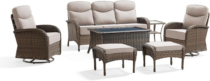 Outdoor Swivel Rocking Chair Patio Set (7-Piece), High-Back - Thick Cushion Swivel Rocking Chair Patio Set, All-Weather Wicker Patio Furniture Set, Suitable for Balcony Patios, Brown/Beige