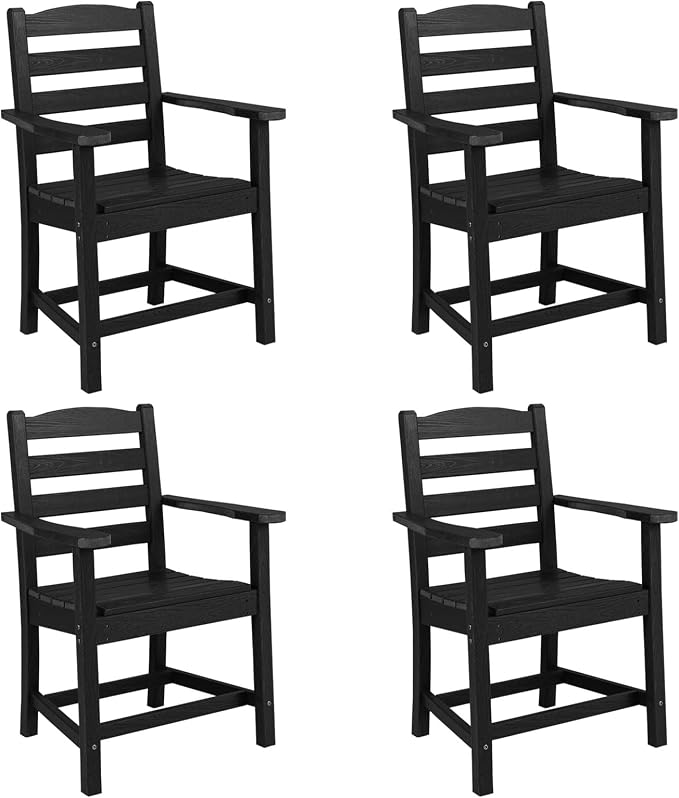 Tangkula Patio Dining Chairs Set of 4, HDPE All Weather Outdoor Chair w/Wide Armrests, Curved Seat, Wood Grain, Plastic Porch Chair for Backyard, Garden, Front Porch, Poolside (Black, 4 Chairs)