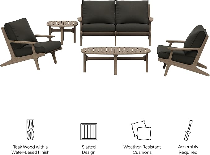 Modway Saratoga 5-Piece Teak Wood Outdoor Furniture Set in Weathered Gray Flint - Patio Conversation Set with Loveseat, 2 Armchairs, Side Table and Coffee Table
