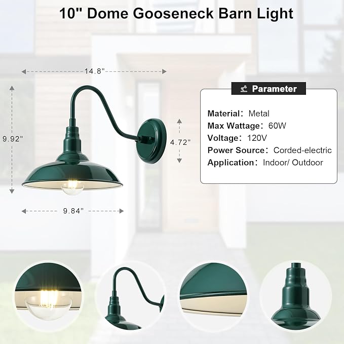 10‘’ Dome Outdoor Gooseneck Barn Light Fixture with Wall Mount, Green Exterior Porch Barn Door Lighting, Farmhouse Style Outside Shed Gooseneck Wall Sconce for Patio, Yard, Garage, House