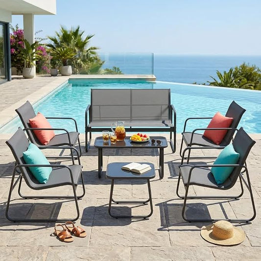 Gizoon 7 Piece Outdoor Patio Furniture Set, Teslin Fabric Outdoor Conversation Set with Loveseat, 4 Single Chairs & 2 Coffee Tables, Modern Metal Frame, for Backyard, Porch, Garden, Poolside, Grey