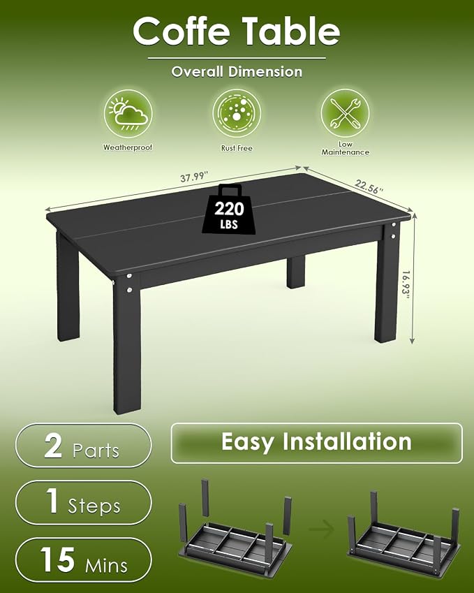 GREENVINES Outdoor-Coffee-Table | HDPE Plastic | Patio Coffee Tables | Rectangle | All Weather | for Balcony Poolside Deck Garden | TriLuxe | Black