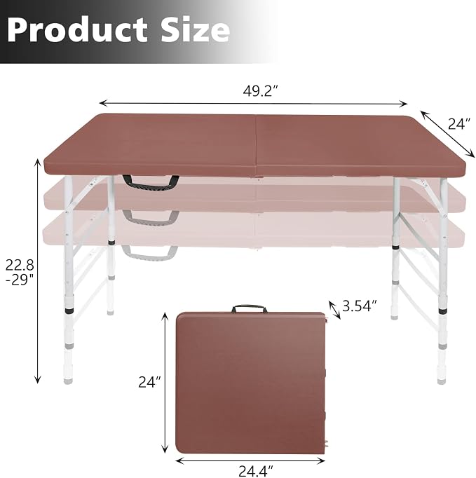 Portable 4Ft Folding Table, Heavy Duty Plastic Fold-in-Half Utility Foldable Table, Adjustable Height Plastic Folding Table with Carrying Handle for Camping &Party Indoor/Outdoor (Brown)