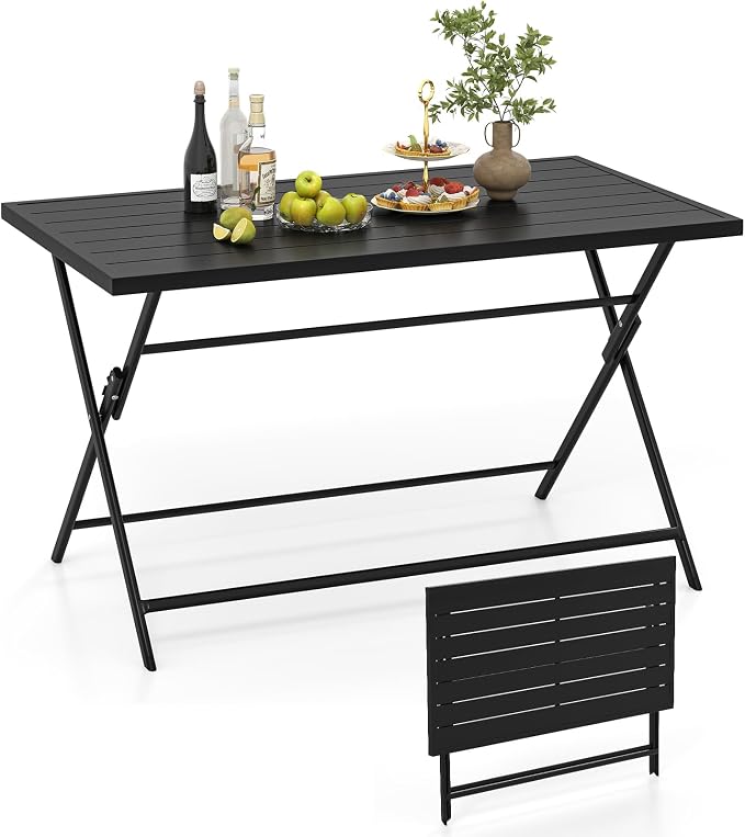 Tangkula 48" Foldable Outdoor Dining Table, Rectangular Metal Patio Table with Slatted Tabletop, Folding Bistro Barbecue Picnic Dinner Table for Indoor Kitchen Outside Garden Backyard Balcony Lawn