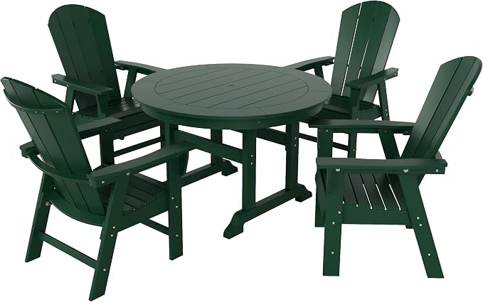WestinTrends Malibu 5 Piece Adirondack Patio Dining Set, All Weather Poly Lumber Outdoor Table and Chairs Furniture Set, 47" Trestle Round Dining Table and 4 Adirondack Dining Chair, Dark Green