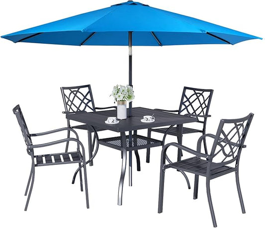 5 Pieces Patio Metal Furniture Outdoor Dining Set with 4 Stackable Bistro Chairs, 37'' x 37'' Metal Tabletop Square Table and 10Ft Sky Blue Umbrella