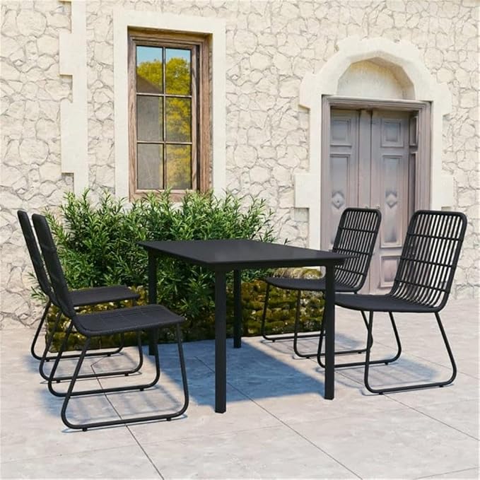 BOWERY HILL 5-Piece Outdoor Patio Dining Set, Poly Rattan in Black, Powder-Coated Steel Frame, Weatherproof, Stackable Chairs, Sleek Modern Design, Space-Saving, Comfortably Seats 4, 59.1 in Table