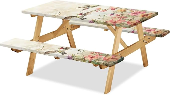 Hummingbird Picnic Table Cover with Bench Covers Elastic Fitted Water Resistant Windproof Tablecloth with Storage Bag - 72x30 Inches 3Pcs Set Patio Table Cover for Outdoor Camping Garden