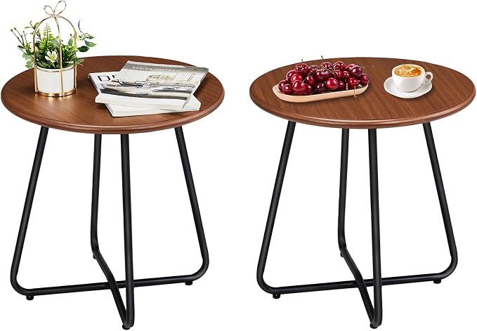 Outvita Indoor and Outdoor Side Table, Small Patio Side Table, Metal Round Portable Waterproof Weather Resistant End Table for Patio, Garden, Balcony, Yard, Wood Grain Color, Set of 2