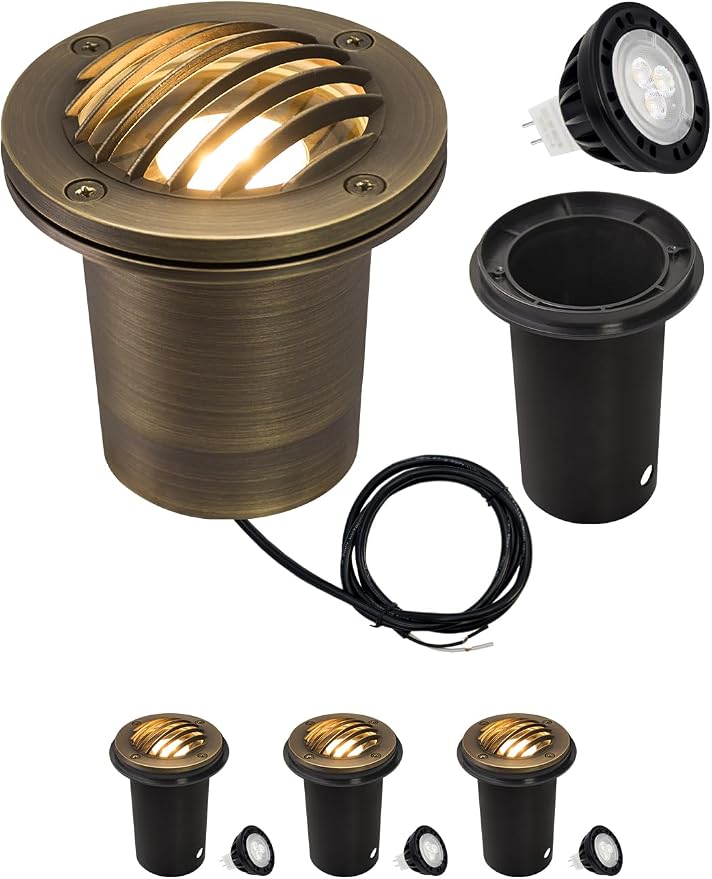 MALORY Brass Landscape Well Lights,(φ99 mm) 12V Low Voltage Outdoor In Ground Lights,Anti-Glare Landscape Lighting with 7W 540ML MR16 for Pathway, Driveway (Full Brass -01B, 4-Pack with Bulb)