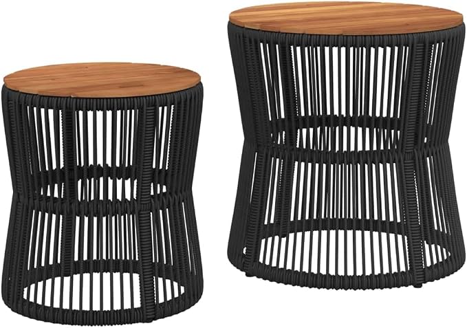 vidaXL Patio Side Tables Set - 2 Pcs, Wooden Top, Black Poly Rattan, Nesting Design, Outdoor Garden Furniture, Elegant & Space-Saving, Acacia Wood Tabletops, Ideal for Backyard or Patio, 19.7" & 15"