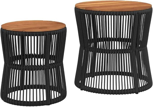 vidaXL Patio Side Tables Set - 2 Pcs, Wooden Top, Black Poly Rattan, Nesting Design, Outdoor Garden Furniture, Elegant & Space-Saving, Acacia Wood Tabletops, Ideal for Backyard or Patio, 19.7" & 15"