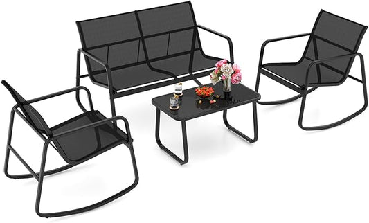 HAPPYGRILL 4 Pieces Patio Rocking Furniture Set with Loveseat, 2 Rocking Chairs & Glass-Top Coffee Table, Outdoor Porch Rocker Chair Conversation Set for Balcony, Poolside, Garden, Backyard (Black)