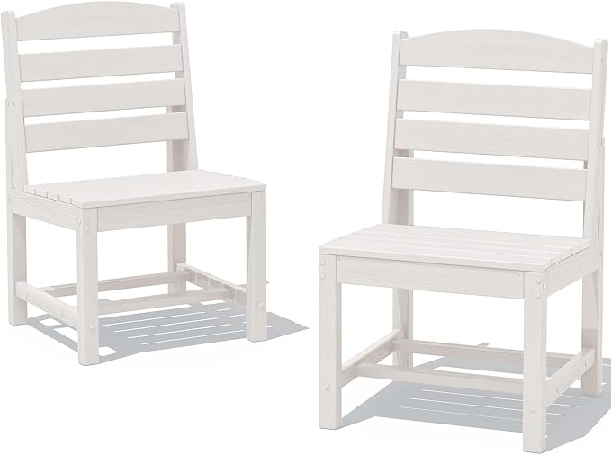 SERWALL Armless Outdoor Dining Chair Set of 2, All Weather Resistant, White | Armless Dining Chairs built to last with 330 lb capacity. Compact 24.6"Dx19.3"Wx33.6"H. Weatherproof & easy to clean.