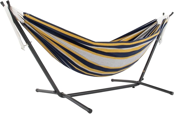 Vivere Double Cotton Hammock with Space Saving Steel Stand, Upgraded Polyester End Strings 450 lb Capacity - Premium Carry Bag Included - USA Grown Cotton (Serenity)