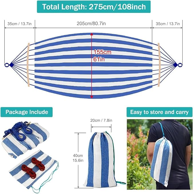 MOSFiATA Hammocks Portable Camping Hammock Upgraded 550lb Comfortable Fabric Hammock with Two Anti Roll Balance Beam and Sturdy Metal Knot Tree Straps for Camping, Patio, Backyard, Outdoor(Blue White)
