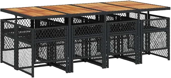 Modern 9-Piece Garden Dining Set with Black PE Rattan and Acacia Wood, Large Foldable Design for 8 People, Comfortable Cream Cushions for Patio or Balcony