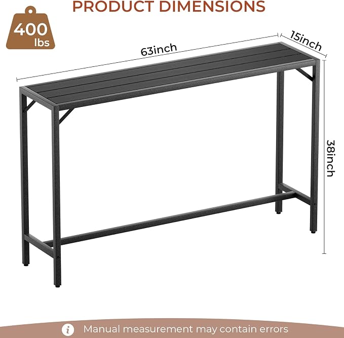 TLSUNNY Outdoor Bar Table, 63" Patio Counter Height Table, High Top Furniture w/HDPE Top, E-Coating & Hammer-Finish Frame, Adjustable Foot, All Weather for Hot Tub,Balcony,Poolside,Kitchen