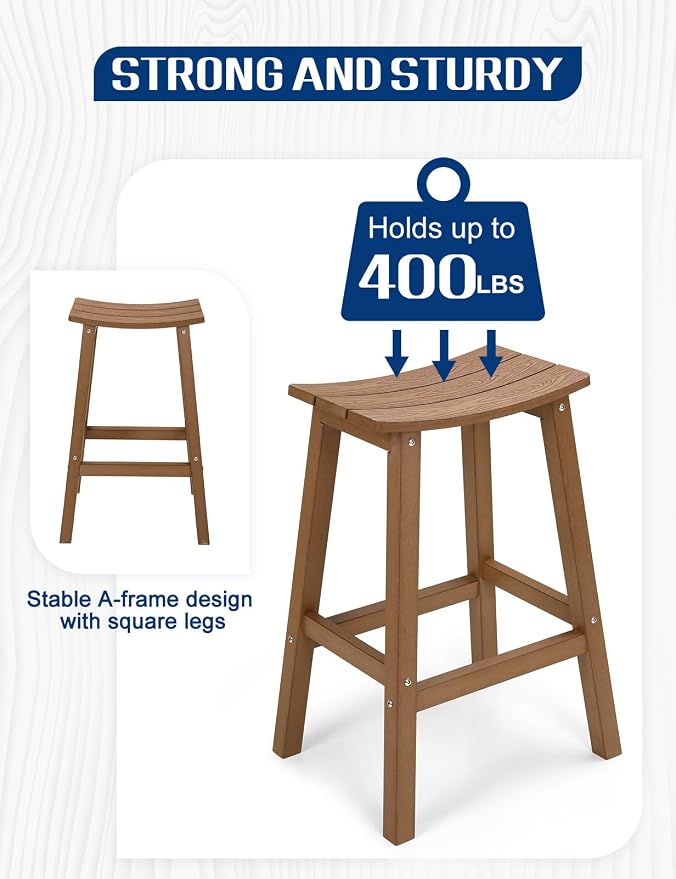 Weatherproof Bar Stools Set of 4, 28" Height Outdoor Bar Stools Holds up to 400 lbs, Saddle Seat, Bar Height Stools for Patio, Garden, and Kitchen Island, Teak