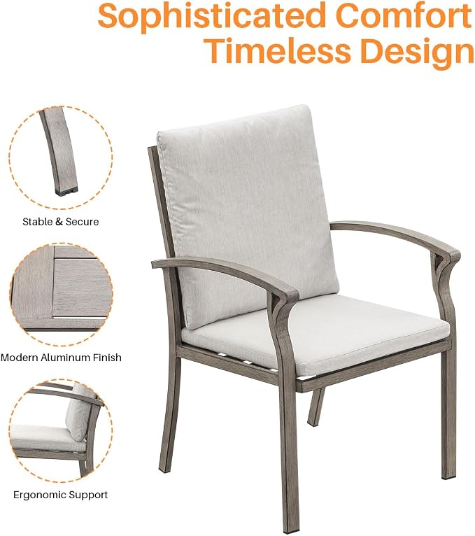 Outdoor Dining Chairs Set of 2, Never-Rust Patio Chairs Set with Thick Cushion, All Weather Aluminum Patio Dining Chairs, Patio Furniture Set for Garden, Backyard, Deck, Pool, Limed Oak