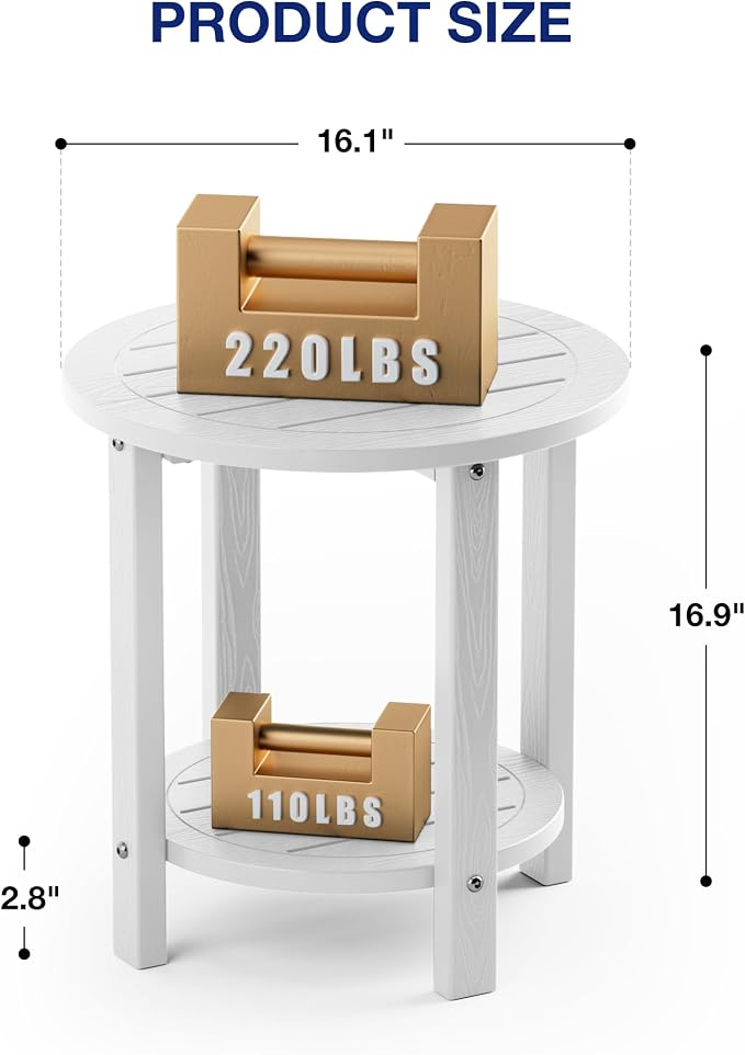 YEFU Outdoor Side Table for Patio: 16in HIPS Small Round Outdoor End Table - 2-Tier Adirondack Tables for Porch Patio Yard Poolside Living Room Beach Bedroom (White, 2 Pack)