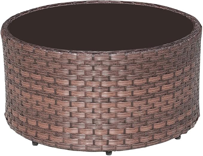 SUNSITT Round Outdoor Coffee Table with Tempered Glass Top, 28in Rattan PE Resin Wicker Patio Side Table, Brown