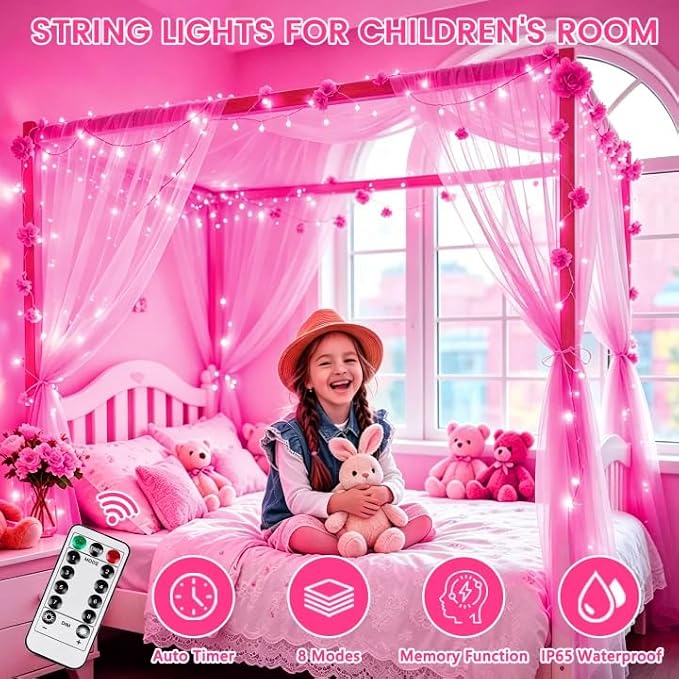 2 Pack 200 LED Battery Operated String Lights, Twinkle Fairy Lights Pink | 66FT 8 Modes Battery Lights Indoor Outdoor with Auto Timer, Waterproof Lights for Bedroom Party Porch Tree Holiday Decor