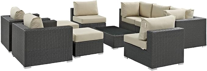 Modway Sojourn Wicker Rattan 10 Piece Outdoor Patio Sunbrella Sectional Set in Canvas Antique Beige