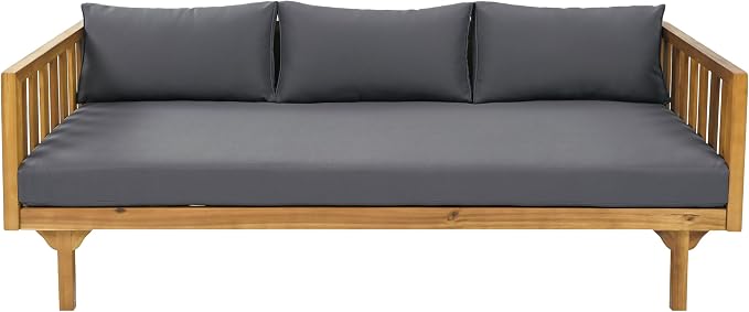 Christopher Knight Home Claremont Patio Sofa and Coffee Table Set, 2 Piece Outdoor Patio Furniture Set with Cushion, Acacia Wood 3 Seater Outdoor Sofa Daybed and Coffee Table Set, Teak+Dark Grey