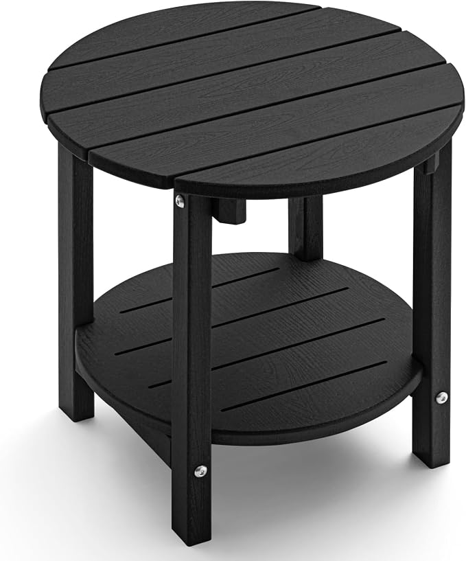 Outdoor Side Table, Adirondack Round 2-Tier Patio Table, Easy Maintenance & Weather Resistant, HDPE End Table for Backyard, Pool, Patio, Porch, Black