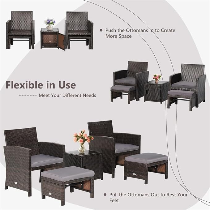 5PCS Patio Rattan Furniture Set Chair Ottoman Cushion Space Saving W/Cover Gray