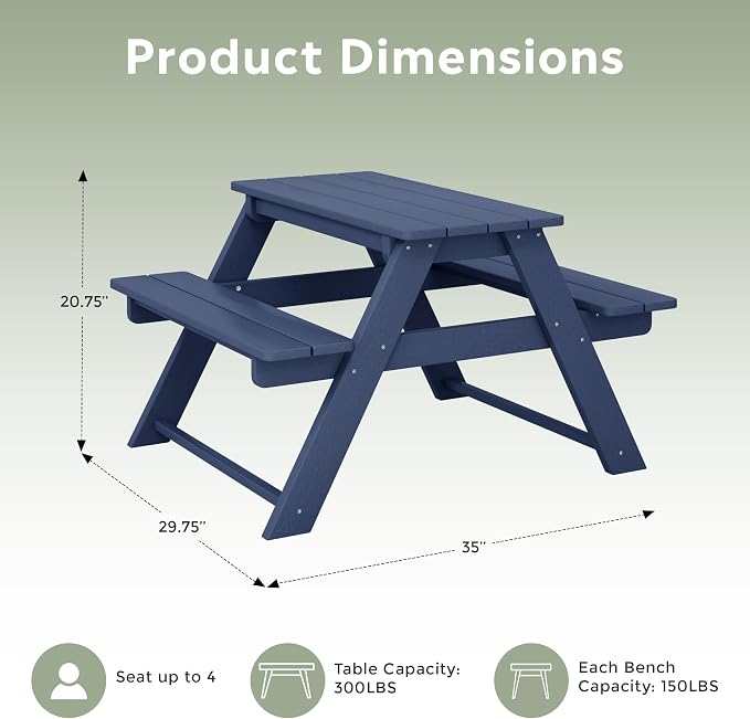 WestinTrends Malibu Outdoor Patio and Indoor Kids HDPE Plastic Picnic Bench Table, Navy Blue