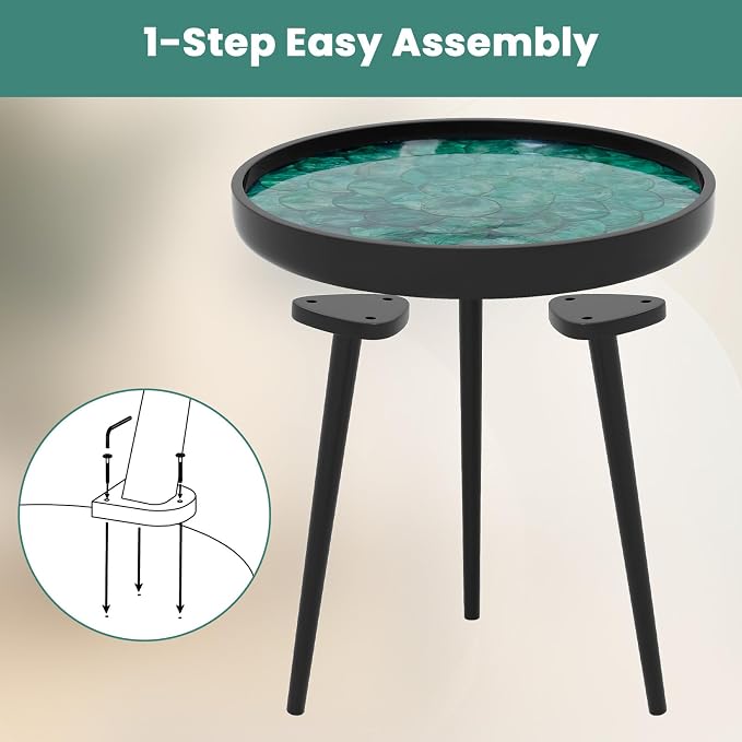 Giantex Outdoor Side Table, Round End Table with Epoxy Resin Finish, Sea Shell Decoration, Mahogany Wood Frame, Tray Top, Patio Side Table for Living Room, Pool, Yard, Porch (Green, 16” x 16” x 19.5”)