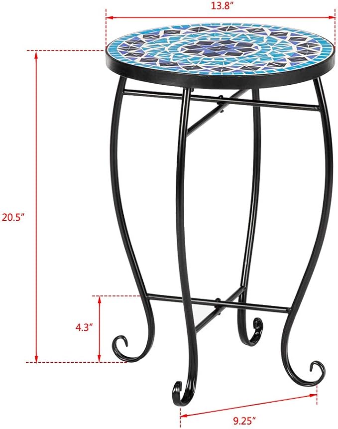 Mosaic Patio Table,Outdoor Side Table,14inch Accent Table Plant Stand Decor, Small Vintage Outdoor End Table with Stained Glass Mosaic & Iron Frame for Patio Garden Balcony Poolside (Blue)
