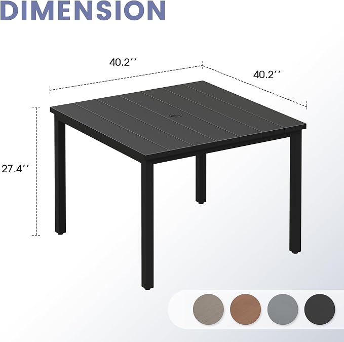VICLLAX Square Patio Dining Table for 4, Outdoor Patio Table with Umbrella Hole for Garden Lawn Deck Backyard, Black Tabletop