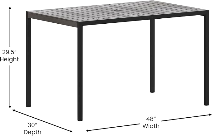 Taylor & Logan Lark Outdoor Dining Table with Synthetic Gray Wash Teak Poly Slats - 30" x 48" Steel Framed Restaurant Table with Umbrella Holder Hole
