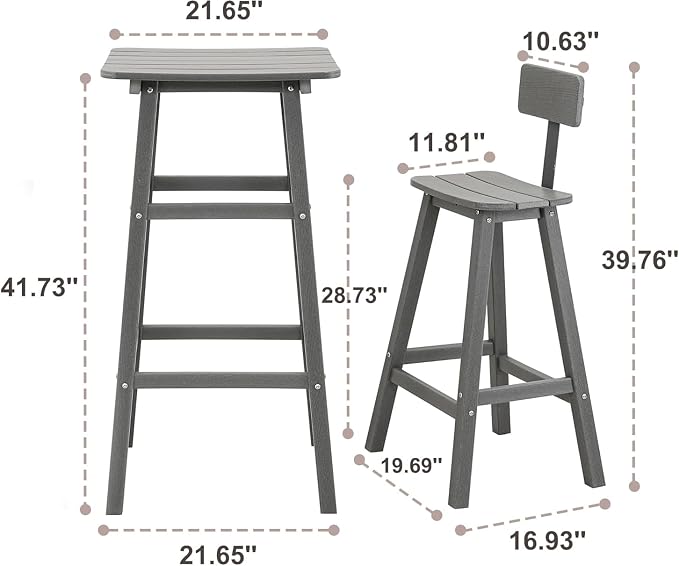 Bar Height Chairs Set of 2, HDPE Bar Height Outdoor Chairs, Weather Resistance Tall Adirondack Chairs Set of 2, Cafes, Swimming Areas, Patio, Garden and Kitchen Island, Grey