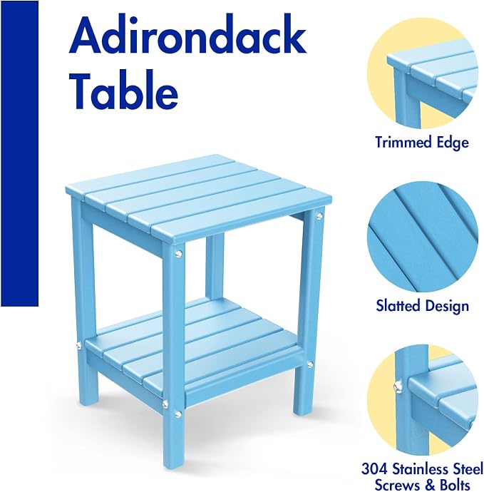 BRIOPAWS Outdoor-Side-Tables | Set of 2 | Small | HDPE Plastic | Patio End-Table | 2-Shelf Adirondack Outside Tables | All Weather | for Poolside Front Porch Indoor Living Room | 14" x 13" | Arctic