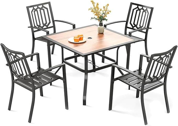 PHI VILLA 5 Pcs Patio Dining Set for 4, 37" Square Wood-Like Table | 37" Square Metal Table with Polywood Top & Stacking Wrought Iron Chairs, Outside Furniture for Patio, Deck, Yard, Porch