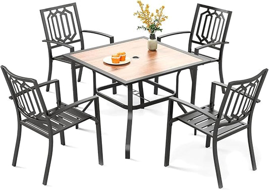 PHI VILLA 5 Pcs Patio Dining Set for 4, 37" Square Wood-Like Table | 37" Square Metal Table with Polywood Top & Stacking Wrought Iron Chairs, Outside Furniture for Patio, Deck, Yard, Porch