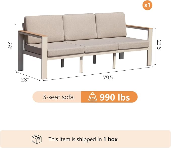 3-Seat Aluminum Outdoor Sofa, 1-Piece Powder-Coated Patio Sectional Sofa with 1.5mm Thick Frame, Anti-Hot Armrest & Waterproof Removable Cushions, Large Outdoor Couch for Backyard Courtyard Beige