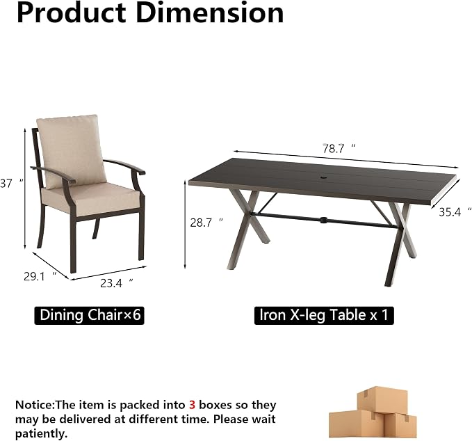 Kullavik 7 Pieces Outdoor Dining Set,Patio Dining Table and Chairs Set for 6,Fence Pattern Back Chairs with Thickened Cushions & Rectangular Metal Dining Table with Umbrella Hole,Sand