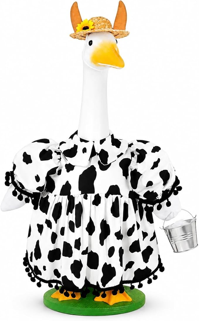 Honic Cow Porch Goose Outfits Funny Farmhouse Goose Costume with Dress Hat and Mini Milk Bucket for 23 Inch Cement or Plastic Goose for Spring Summer Outdoor Garden Yard Patio Lawn Decor