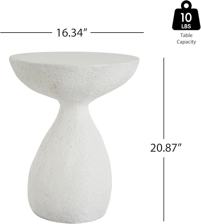 Merax Small Outdoor Patio Side Table, Modern MGO Accent End Table for Indoor Outdoor, 20.87" Height Small Round Patio Coffee Table with Vase-Shaped Base, No Need Assembly, White Textured Stone-Look