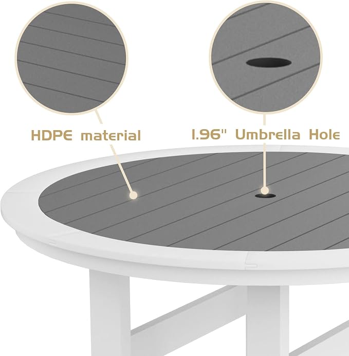 WILLIAMSPACE Patio Bar Table Set of 5, Height Outdoor Round Bar Table with 1.96" Umbrella Hole, 4 Piece Bar Stools with Backs, Counter Furniture Set for Kitchen Outside (White & Grey)