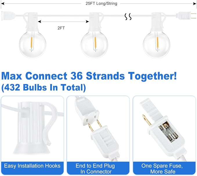 Outdoor G40 LED Globe String Lights 25FT Shatterproof Waterproof | Dimmable Patio Lights with 12+2 Bulbs Connectable Commercial Hanging Light for Patio Balcony Backyard Party (White Wire)