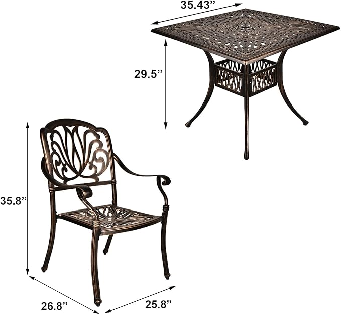 TITIMO 5-Piece Outdoor Patio Dining Set, Cast Aluminum Patio Furniture Set | 4 Pattern Chairs with Red Cushions and 35.4" Square Table, Cast Aluminum Conversation Set for Yard, Garden, Porch, Poolside