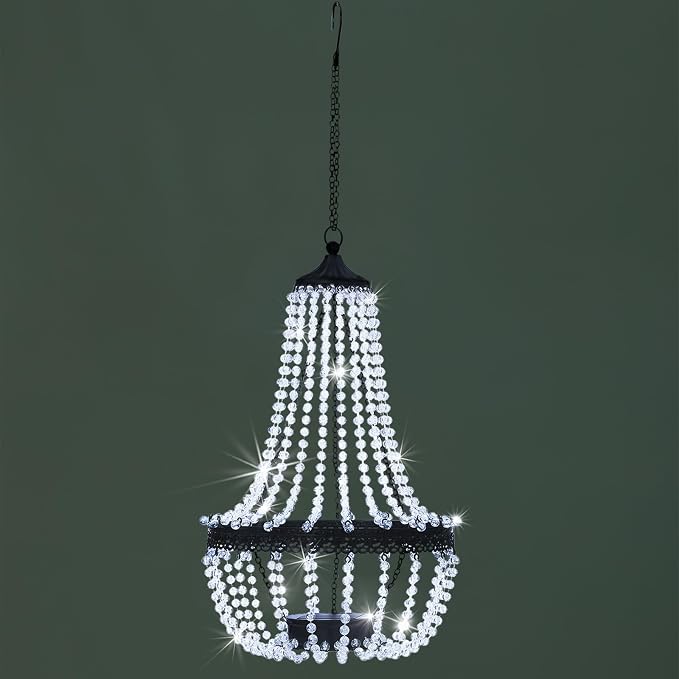 Hanging Solar Lantern Outdoor, 28” Modern Clear Crystal Acrylic Chandelier with 30 Cool White Lights S Hook for Garden, Yard, Patio, Gazebo Decorations
