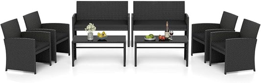 RELAX4LIFE 8-Piece Patio Furniture Set - Wicker Rattan Outdoor Sectional Sofa Set w/Glass Coffee Table, Loveseat, Chairs & Soft Cushions, Bistro Conversation for Garden Porch (2, Black-Black)